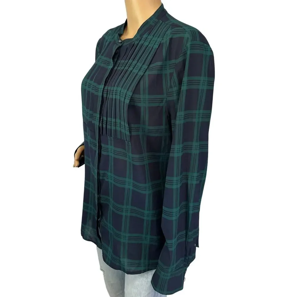 J. Crew Drapey Tuxedo Bib Blouse in Navy Green Plaid E5598 Size XL